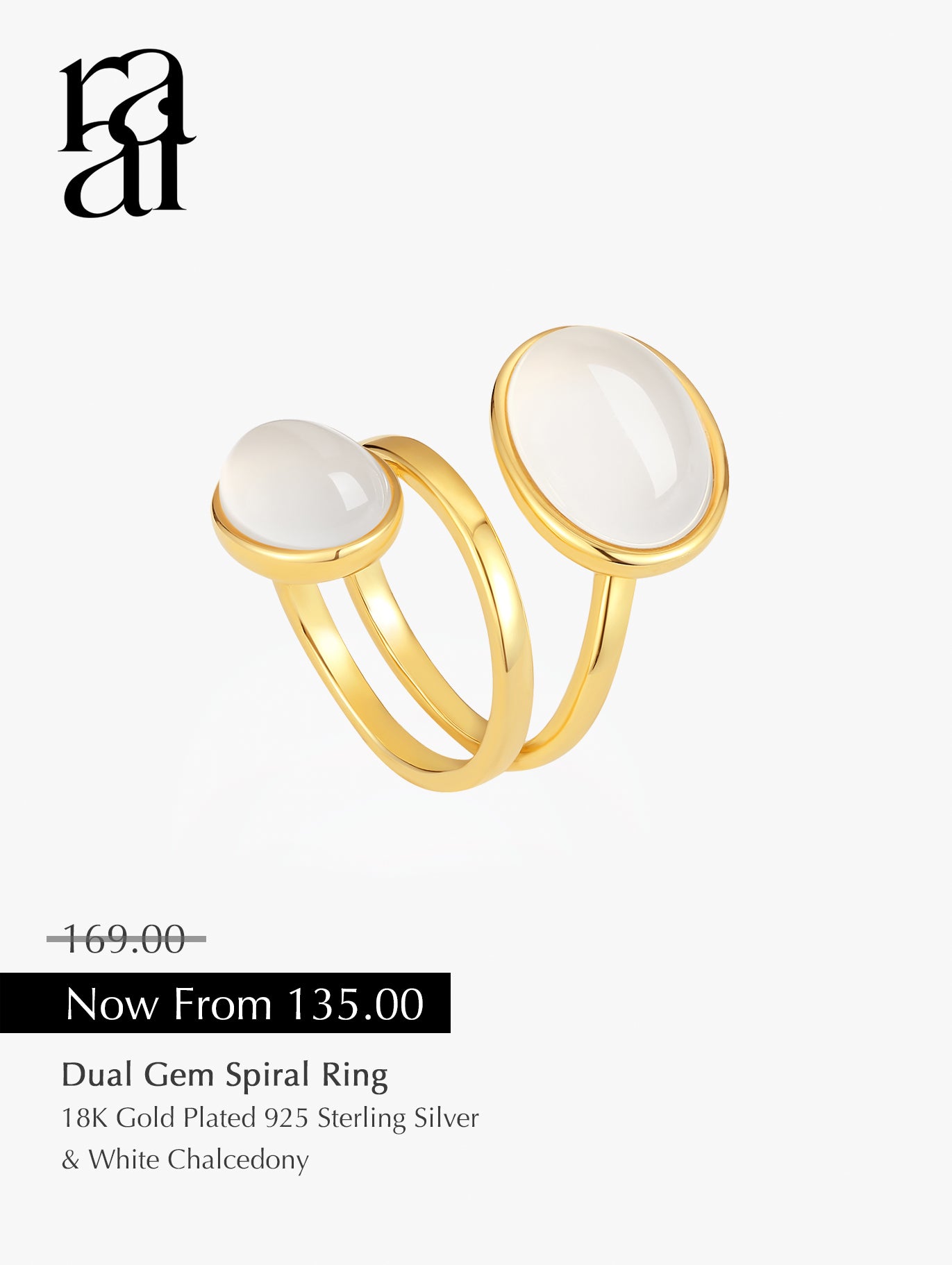 Dual Gem Spiral Ring | White Chalcedony